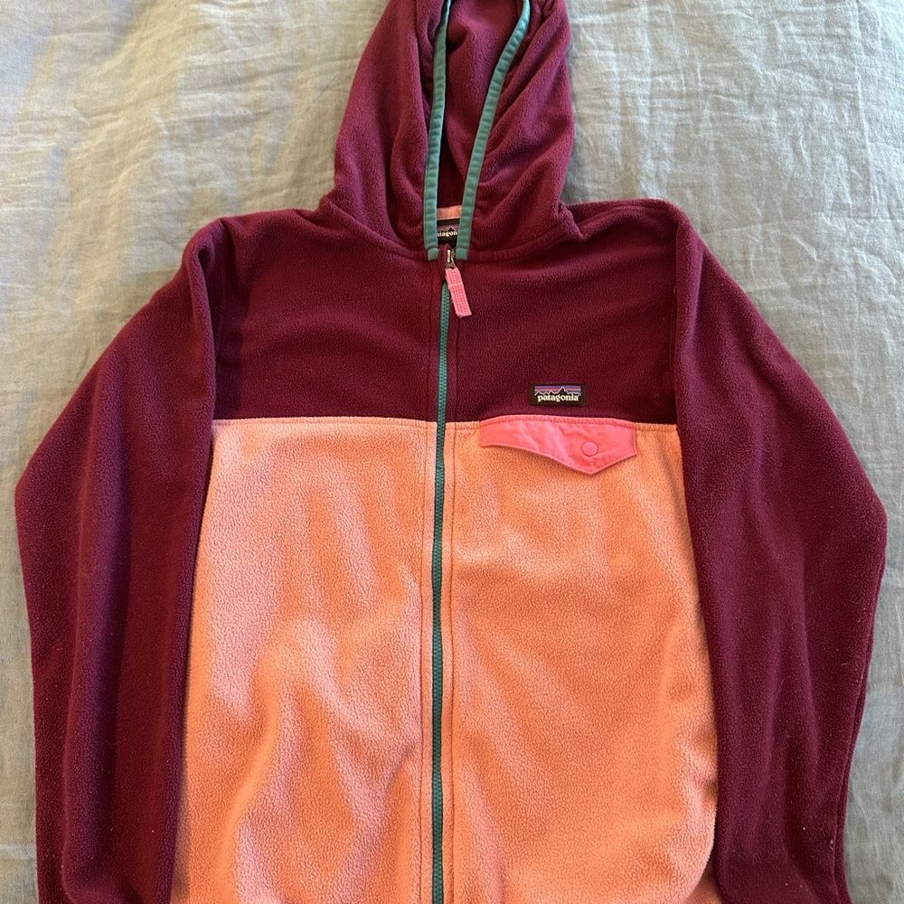 Patagonia Kids Two-Tone Hooded Fleece Jacket - Burgundy & Pink